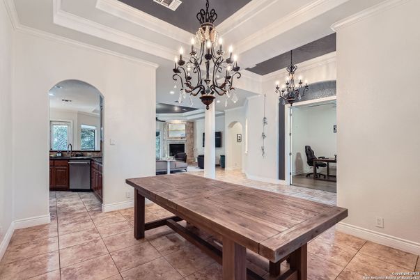 Chandelier, Dining room, Fireplace, Interior
