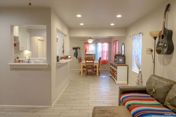 Dining room, Interior, Recessed Lighting, Wood Texture Flooring