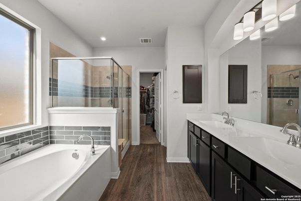 Bathroom, Dual Sink Vanities, Glass Shower, Interior, Recessed Lighting, Wood Texture Flooring