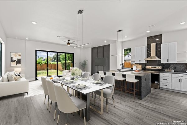 Dining room, Interior, Kitchen, Living room, Pendant Lights, Recessed Lighting, Stainless Steel Appliances, Wood Texture Flooring
