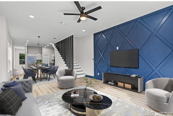 Dining room, Interior, Living room, Pendant Lights, Recessed Lighting, Wood Texture Flooring