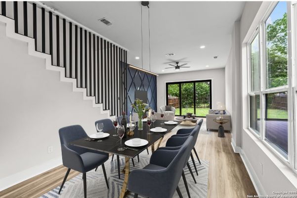 Dining room, Interior, Pendant Lights, Recessed Lighting, Wood Texture Flooring