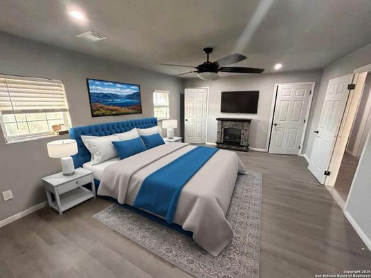 Bedroom, Fireplace, Interior, Recessed Lighting, Wood Texture Flooring