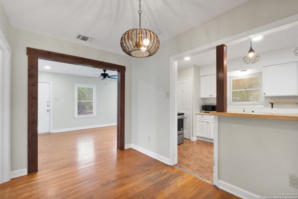Empty room, Interior, Kitchen, Pendant Lights, Recessed Lighting, Wood Texture Flooring