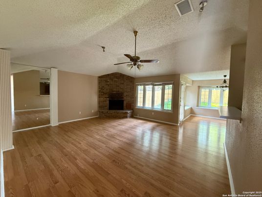 Empty room, Fireplace, Interior, Stone Walls, Wood Texture Flooring