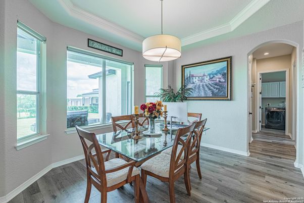 Dining room, Interior, Pendant Lights, Recessed Lighting, Wood Texture Flooring