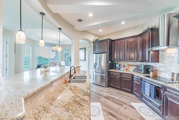 Interior, Kitchen, Pendant Lights, Recessed Lighting, Stainless Steel Appliances, Wood Texture Flooring