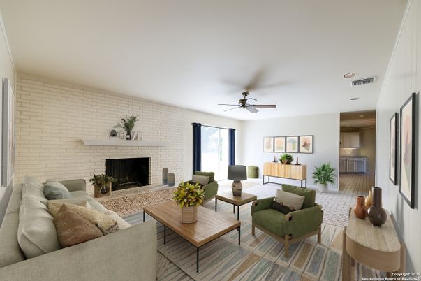 Fireplace, Interior, Living room, Recessed Lighting, Stone Walls