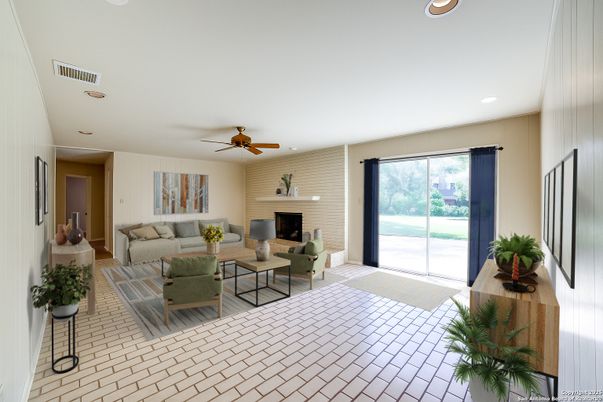 Fireplace, Interior, Living room, Recessed Lighting, Stone Walls
