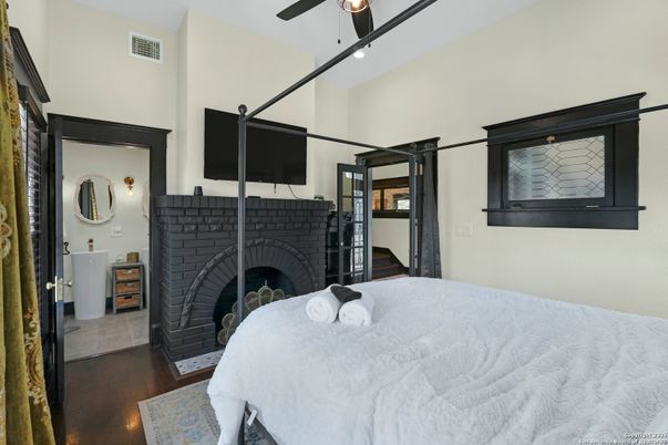 Bedroom, Fireplace, Interior, Wood Texture Flooring