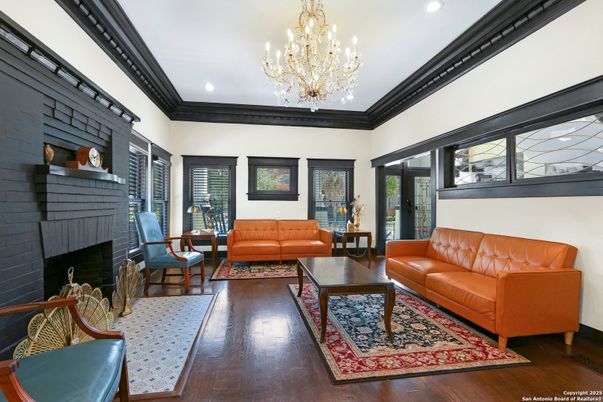 Chandelier, Fireplace, Interior, Living room, Recessed Lighting, Wood Texture Flooring