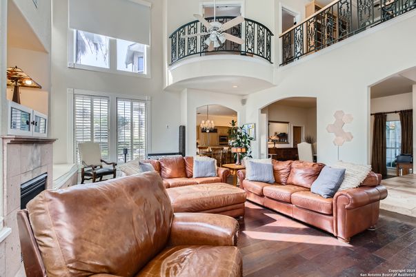 Chandelier, Dining room, Fireplace, Interior, Living room, Recessed Lighting, Wood Texture Flooring