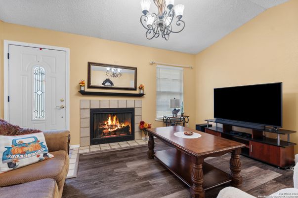 Chandelier, Fireplace, Interior, Living room, Wood Texture Flooring