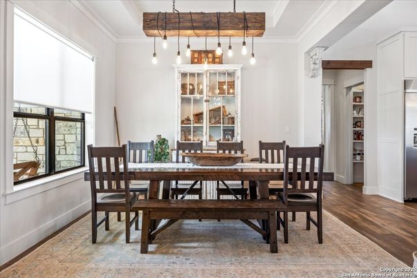 Dining room, Interior, Pendant Lights, Wood Texture Flooring