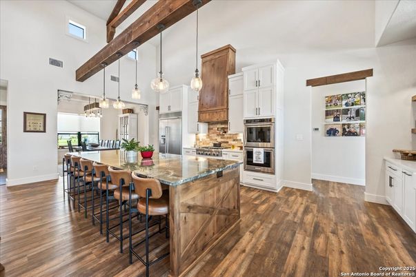 Interior, Kitchen, Pendant Lights, Stainless Steel Appliances, Wooden Beams, Wood Texture Flooring
