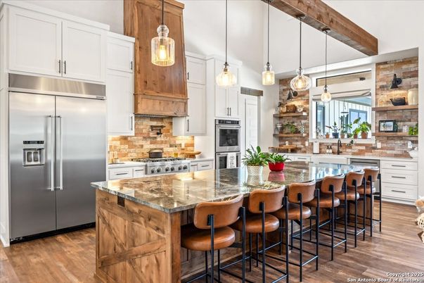 Interior, Kitchen, Pendant Lights, Stainless Steel Appliances, Wooden Beams, Wood Texture Flooring