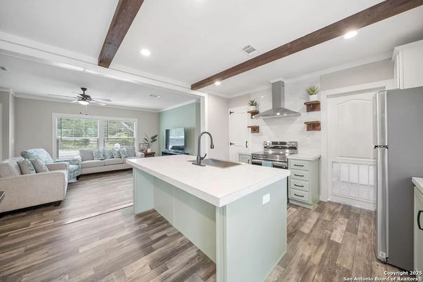 Interior, Kitchen, Living room, Recessed Lighting, Stainless Steel Appliances, Wooden Beams, Wood Texture Flooring