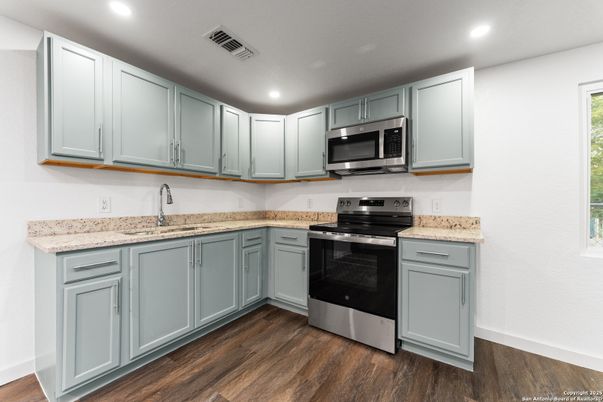 Interior, Kitchen, Recessed Lighting, Stainless Steel Appliances, Wood Texture Flooring