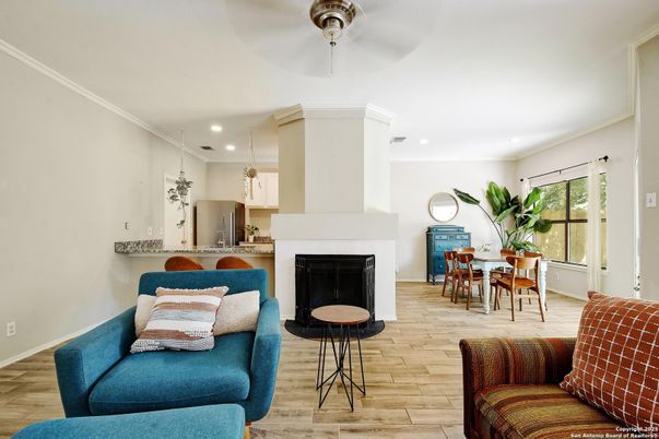Dining room, Fireplace, Interior, Kitchen, Living room, Pendant Lights, Recessed Lighting, Wood Texture Flooring