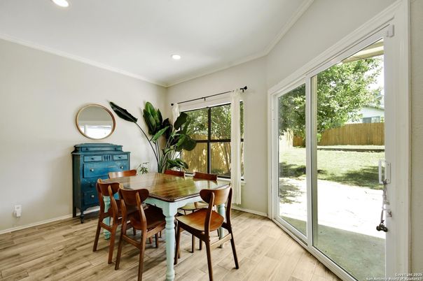 Dining room, Interior, Recessed Lighting, Wood Texture Flooring