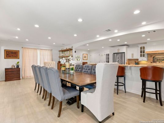 Dining room, Interior, Kitchen, Recessed Lighting, Stainless Steel Appliances, Wood Texture Flooring