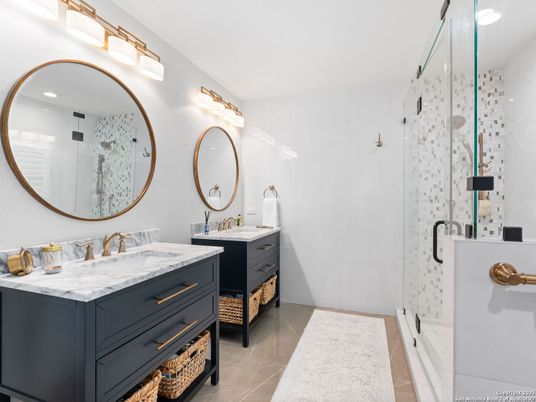 Bathroom, Dual Sink Vanities, Glass Shower, Interior, Recessed Lighting
