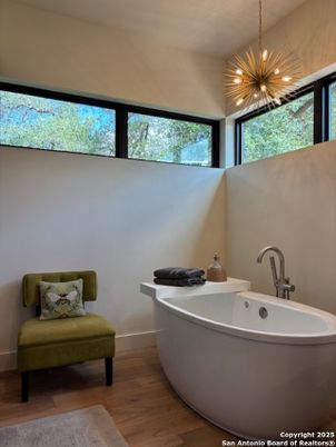 Bathroom, Free Standing Baths, Interior, Pendant Lights, Wood Texture Flooring