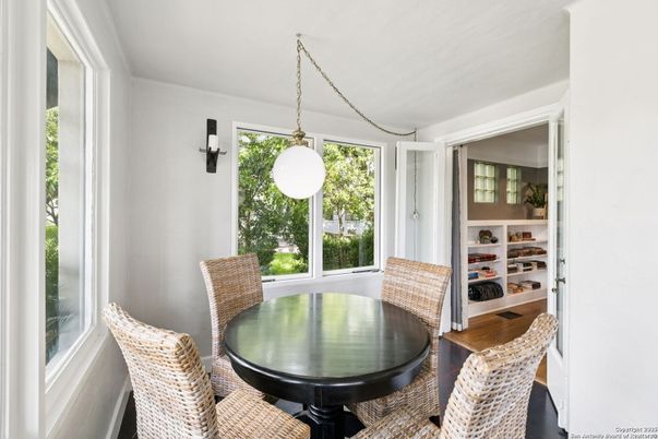 Dining room, Interior, Pendant Lights, Wood Texture Flooring