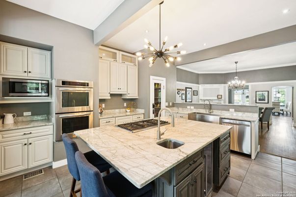 Chandelier, Interior, Kitchen, Pendant Lights, Recessed Lighting, Stainless Steel Appliances, Tile Countertops