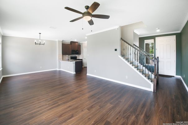 Chandelier, Empty room, Interior, Kitchen, Pendant Lights, Recessed Lighting, Wood Texture Flooring
