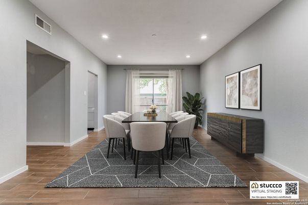Dining room, Interior, Recessed Lighting, Wood Texture Flooring