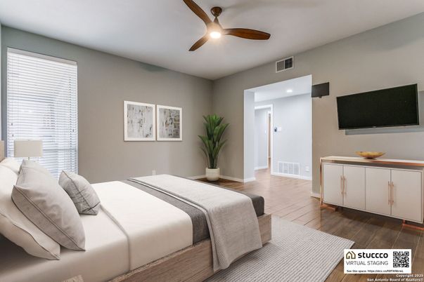 Bedroom, Interior, Recessed Lighting, Wood Texture Flooring