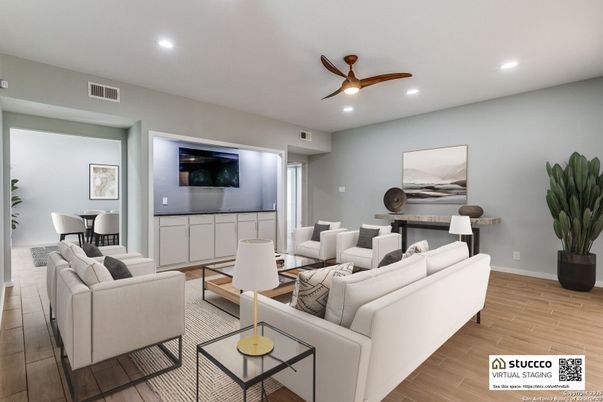 Dining room, Interior, Living room, Recessed Lighting, Wood Texture Flooring