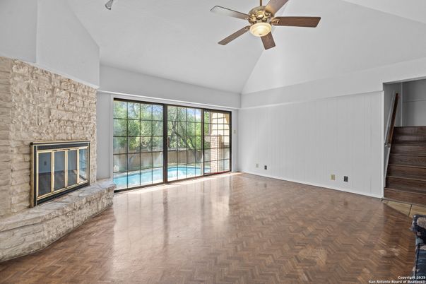 Empty room, Fireplace, Interior, Stone Walls, Wood Texture Flooring