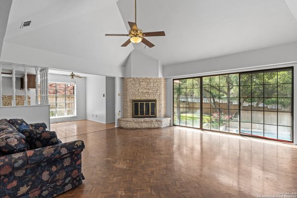 Empty room, Fireplace, Interior, Living room, Wood Texture Flooring