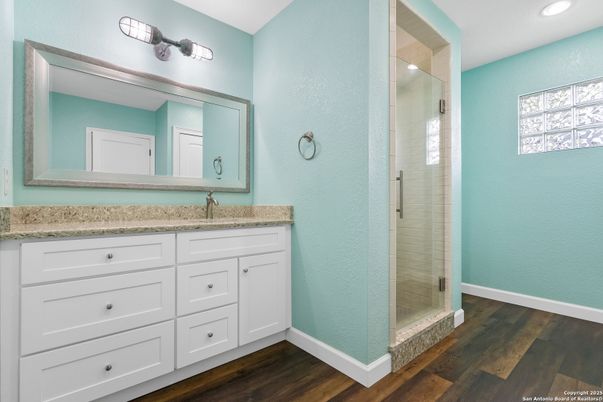 Bathroom, Glass Shower, Interior, Recessed Lighting, Wood Texture Flooring