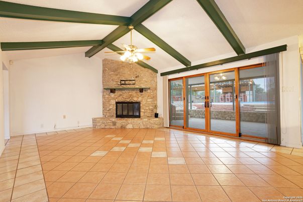 Empty room, Fireplace, Interior, Stone Walls, Wooden Beams