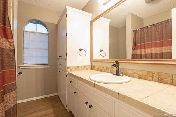 Bathroom, Interior, Tile Countertops, Wood Texture Flooring