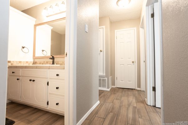 Bathroom, Interior, Tile Countertops, Wood Texture Flooring