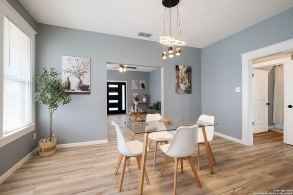 Dining room, Interior, Pendant Lights, Wood Texture Flooring
