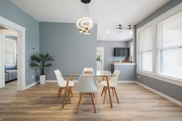 Dining room, Interior, Pendant Lights, Recessed Lighting, Wood Texture Flooring