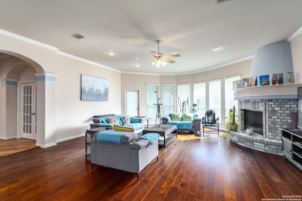 Fireplace, Interior, Living room, Recessed Lighting, Wood Texture Flooring