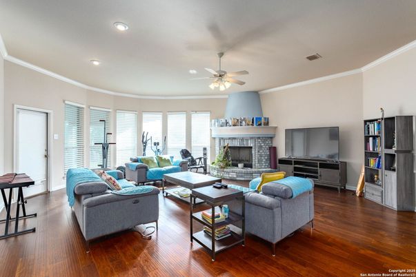 Fireplace, Interior, Living room, Recessed Lighting, Wood Texture Flooring