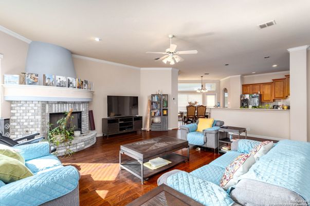 Dining room, Fireplace, Interior, Kitchen, Living room, Pendant Lights, Recessed Lighting, Wood Texture Flooring