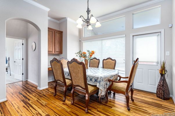Chandelier, Dining room, Interior, Wood Texture Flooring