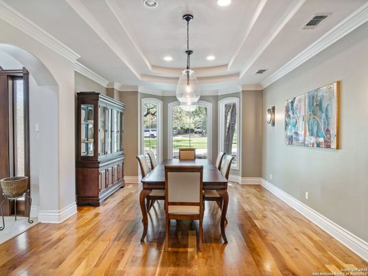 Dining room, Interior, Pendant Lights, Recessed Lighting, Wood Texture Flooring