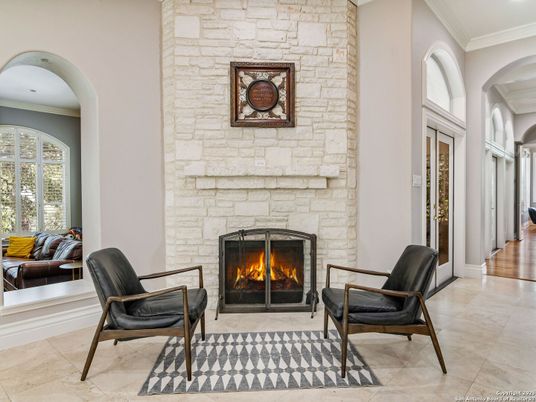 Fireplace, Interior, Recessed Lighting, Stone Walls