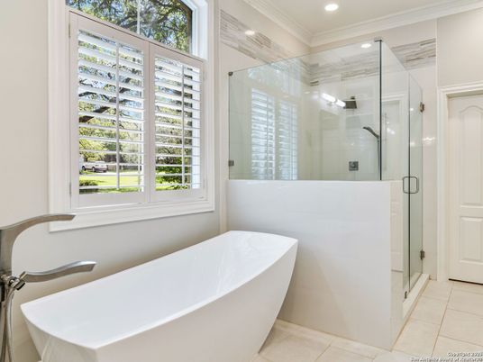 Bathroom, Free Standing Baths, Glass Shower, Interior, Recessed Lighting