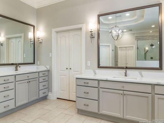 Bathroom, Chandelier, Dual Sink Vanities, Interior, Recessed Lighting