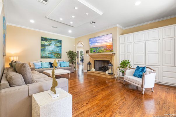Fireplace, Interior, Living room, Recessed Lighting, Wood Texture Flooring
